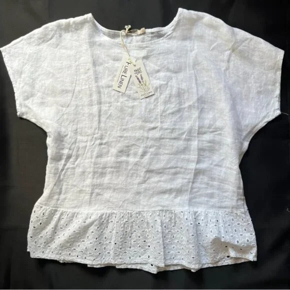 NWT SPAZIOCHIC Italy‎ Made 🇮🇹 100% LINEN crew neck Cap sleeve Peplum Top L - Picture 3 of 7